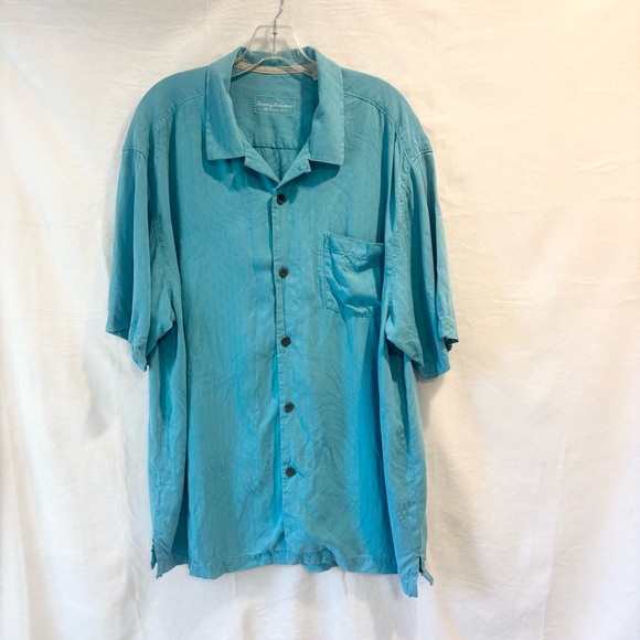 TOMMY BAHAMA Men’s XL 100% Silk Shirt Blue Camp Button Front Original Fit - Picture 1 of 6